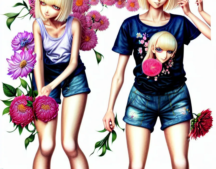 Image similar to richly detailed colored pencil 3D illustration of a beautiful French woman with short bleached blonde hair wearing a long Tshirt and black shorts that is sewing thread drawings of flowers into her thigh. mirrored background with completely rendered reflections, art by Range Murata and Artgerm.