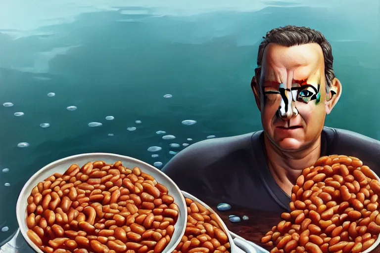 Image similar to portrait of tom hanks swimming in baked beans, a world of baked beans, charlie bowater, artgerm, ilya kuvshinov, krenz cushart, ruan jia, realism, ultra detailed, 8 k resolution