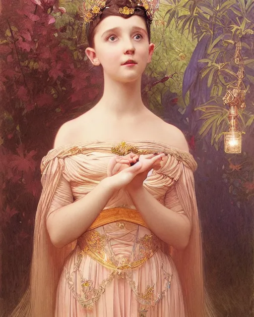 Prompt: a beautiful portrait painting of a shy, blushing princess in a tiara and an iridescent art nouveau gown resembling 1 4 - year old millie bobby brown watching the lantern festival, intricate, elegant, highly detailed, digital painting, artstation, concept art, by krenz cushart and artem demura and william adolph bouguereau and alphonse mucha