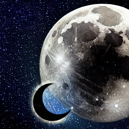 Prompt: a masterpiece of a holo around the moon with cartoon face on it, old photo, detailed, sci - fi, technology