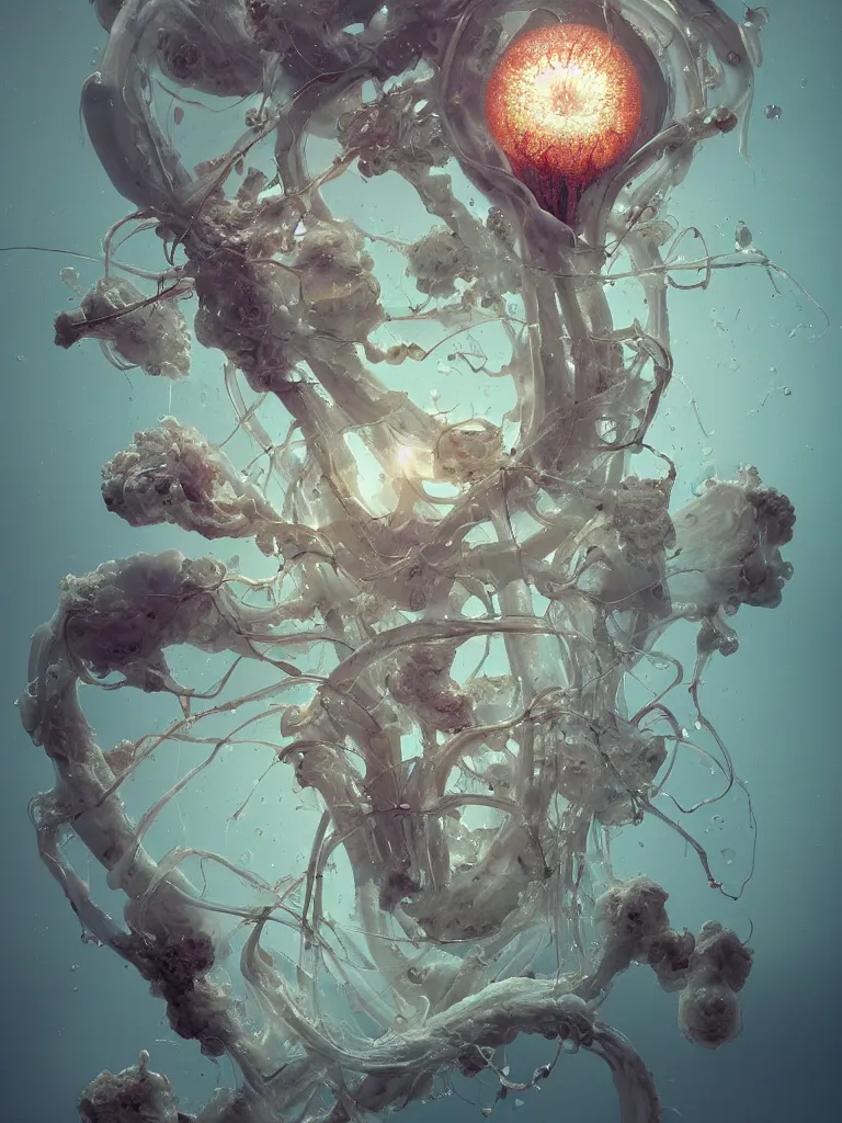 Prompt: asymmetrical spiritual simulacrum of a space fungus by Roberto Ferri. beautiful natural forms. vintage bulb. white plastic. algae. growing jellyfish butterfly mushroomhead. burning water. intricate artwork by Tooth Wu and wlop and beeple and dan mumford and greg rutkowski. Mushroom. octane render, cinematic, hyper realism, octane render, slime mold, hyphae, rhizomorphs, 8k, pearlescent aura. vibrant, vivid color hues