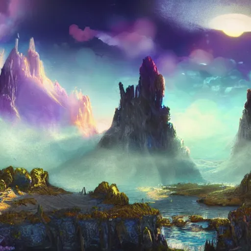 Prompt: A fantasy vaperwave landscape on an alien planet