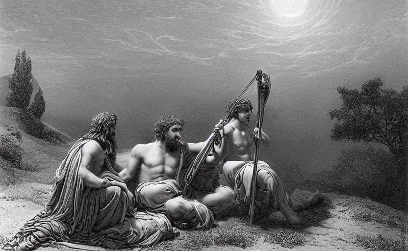 Image similar to the great greek warrior plays the lyre, his young friend listens beside him, the edge of the universe from the book of the long sun by gene wolfe, by gustave dore