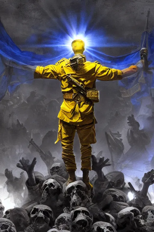 Prompt: Front view shot of a soldier with blue and yellow flag in his right hand while he is standing on a huge pile of skulls in triumph after the battle, head is up, flag in his right hand, dark atmosphere, bright rays of light, beams of light, intricate, volumetric lighting, volumetric lights, highly detailed, smooth, artstation, digital illustration by Ruan Jia and Mandy Jurgens and Artgerm and Wayne Barlowe and Greg Rutkowski and Frank Frazetta