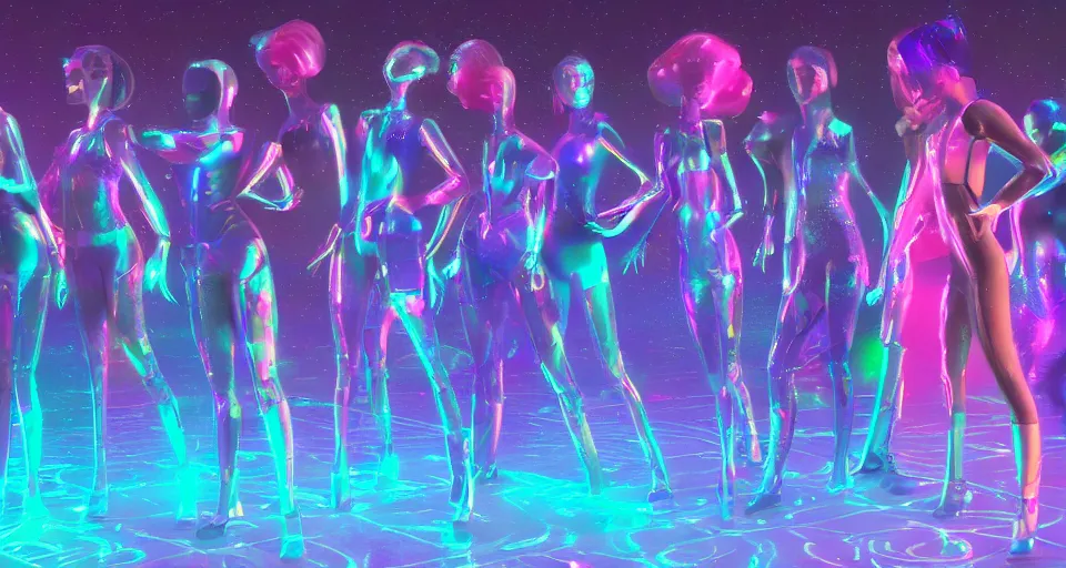 Image similar to silhouettes of dancing holographic girls, futuristic, in the style of Pixar animation, very low angle view, 16mm lens, award winning, hyper detailed, dramatic lighting, artstation, octane renderer, unreal engine