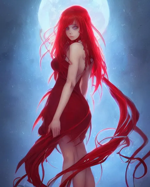 Image similar to red eyed beautiful long haired anime girl, red dress, full body photo, flames everywhere, highly detailed, digital painting, artstation, concept art, smooth, sharp focus, illustration, art by artgerm and greg rutkowski and alphonse mucha