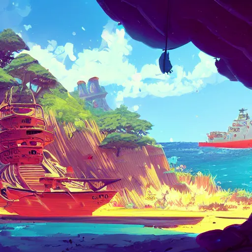 Prompt: Landscape of Pirates island and a pirate boat, vivid color, by Makoto Shinkai and James gilleard Eiichirō Oda