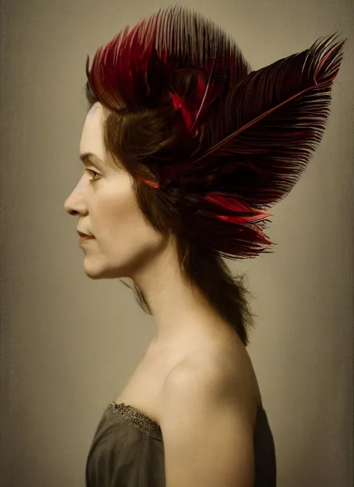 Image similar to a woman's face in profile, made of exotic hummingbird feathers, in the style of the Dutch masters and Gregory Crewdson, dark and moody