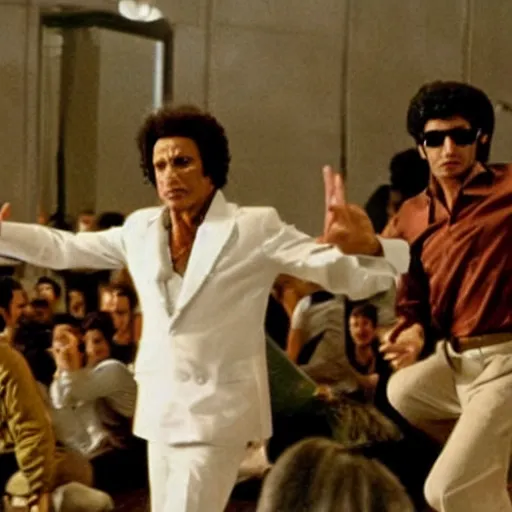 Image similar to A movie still of Muammar Gaddafi in Satuday Night Fever