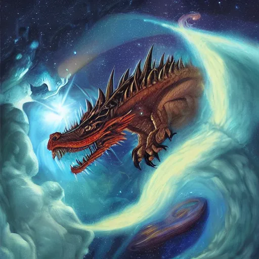 Prompt: A beautiful conceptual art of a dragon in space by Justin Gerard. The dragon is in the foreground with its mouth open, revealing rows of sharp teeth. Its body is coiled and ready to strike, and its tail is wrapped around a star in the background. The colors are bright and the background is full of stars and galaxies. The overall effect is one of chaotic energy and movement. stonepunk, catholicpunk by Anders Zorn ornate