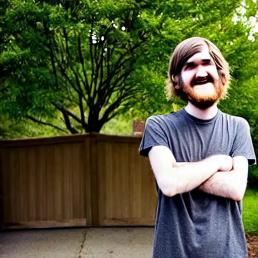 Image similar to bearded long - haired bo burnham outside of his house, smiling and dancing