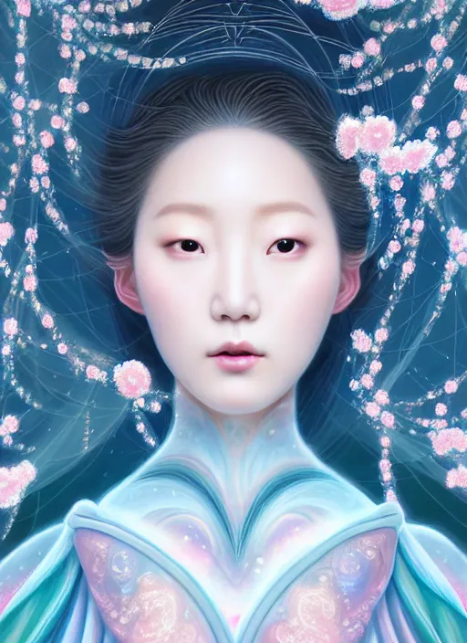 Prompt: portait of Korean Roseanne Park as a beautiful celestial pearlescent multiversal Goddess wearing a futuristic elegant Renaissance dress exposed in cryo chambers by James Jean, dreamy and ethereal theme, intricate, elegant, highly detailed, centered, digital painting, lush Japanese great wave, sakura season, Kyoto inspired, artstation, concept art, smooth, sharp focus, illustration, by Peter Mohrbacher, WLOP