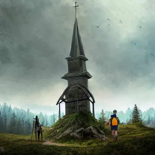 Image similar to a group of hikers stumble across a church steeple buried in the ground. artstation, illustration, concept art, forest, mountains