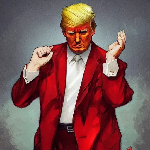 Prompt: donald trump as a communist, saluting, red suit, art by artgerm, greg rutkowski, alphonse mucha, studio portrait, highly detailed, digital art, elegant, intricate, concept art, trending on artstation