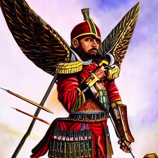 Image similar to detailed realistic painting of a winged hussar