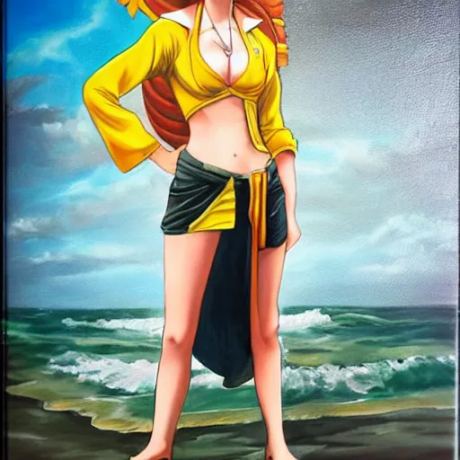 Prompt: beautiful emma watson cosplay as nami from one piece, oil painting, full body.