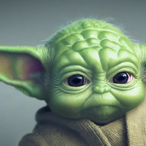 Image similar to photo realistic image of a baby yoda, stunning 3 d render inspired art by istvan sandorfi and greg rutkowski, perfect facial symmetry, realistic, highly detailed attributes and atmosphere, dim volumetric cinematic lighting,