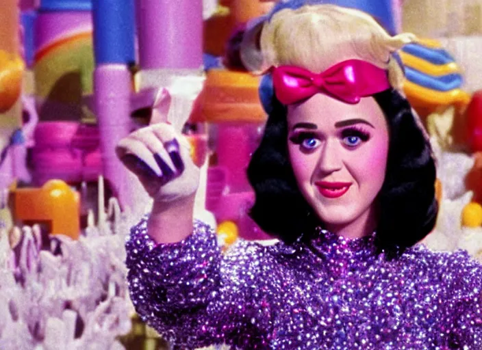 Prompt: a film still closeup of candy katy perry in willy wonka and the chocolate factory