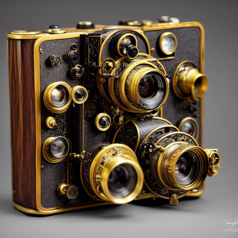 Prompt: photograph of a very very beautiful steampunk medium format camera with a brass lens!!. plain grey background. centered. highly detailed. wood. artstation, concept art, symmetry, smooth, sharp focus, art apple design and john singer sargent and and mucha by theodore ralli and nasreddine dinet and anders zorn and nikolay makovsky and edwin long