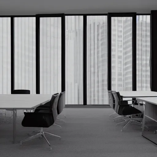 Prompt: brutalist corporate executive offcie room interior design concept big windows minimalist furnitrue by martyn lawrence bullard design high quality ultra realistic 8 k