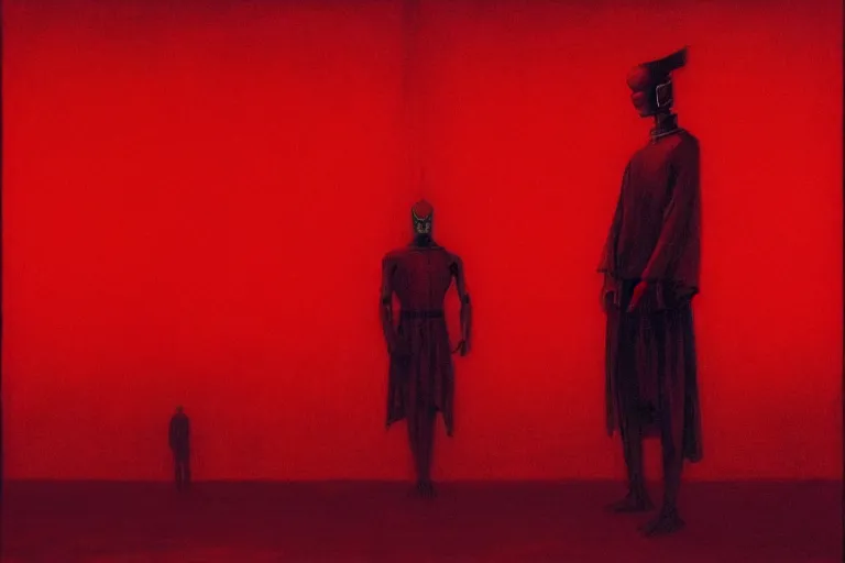 Image similar to only with red, a red samurai humanoid, tokio futuristic in background, yokai, in the style of beksinski, parts by edward hopper, parts by rodcenko, parts by yue minjun, intricate and epic composition, red by caravaggio, insanely quality, highly detailed, masterpiece, red light, artstation, 4 k