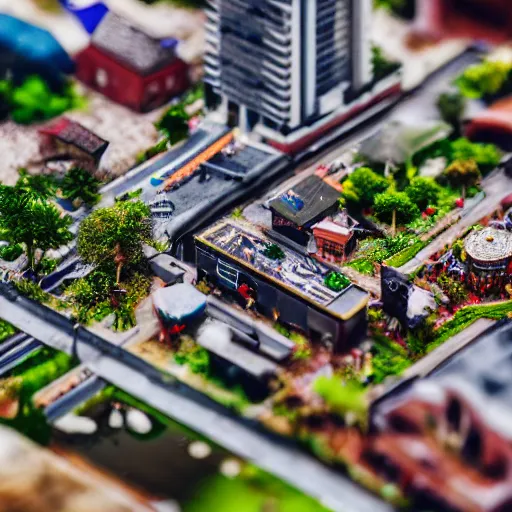 Image similar to macro photo of a miniature secret hidden world with tiny buildings and people on a steak