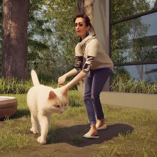 Prompt: two women playing with cats ; photorealistic ; unreal engine