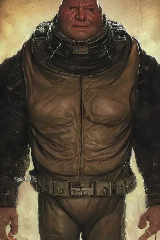 Image similar to upper body portrait of hulking dave bautista as baron harkonnen, wearing old leather spacesuit, dystopian science fiction, dark, horror, illustration by norman rockwell, hans baluschek, artstation character art, john william waterhouse, concept art, greg rutkowski