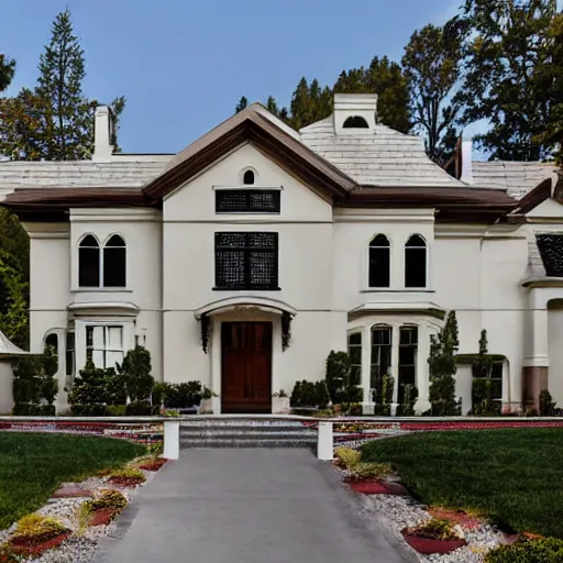 Image similar to stucco tudor with wood and tile white being mansion by mcalpine house, by jackson & leroy architects