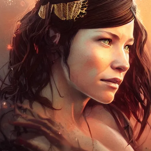 Prompt: evangeline lilly as a goddess, digital illustration, by artgerm and greg rutkowski,