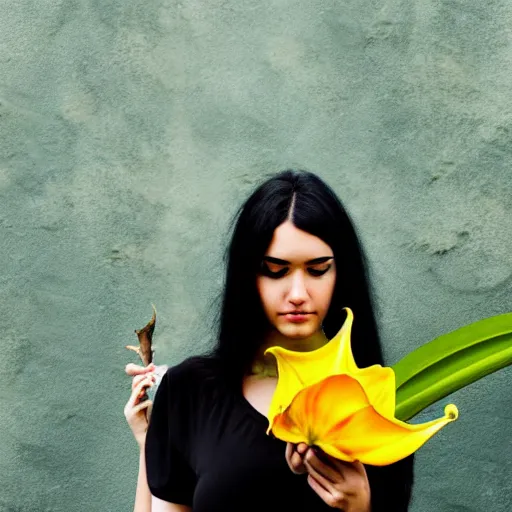 Image similar to beautiful girl with black hair, holding brugmansia flower, colour, dark scenery, sad