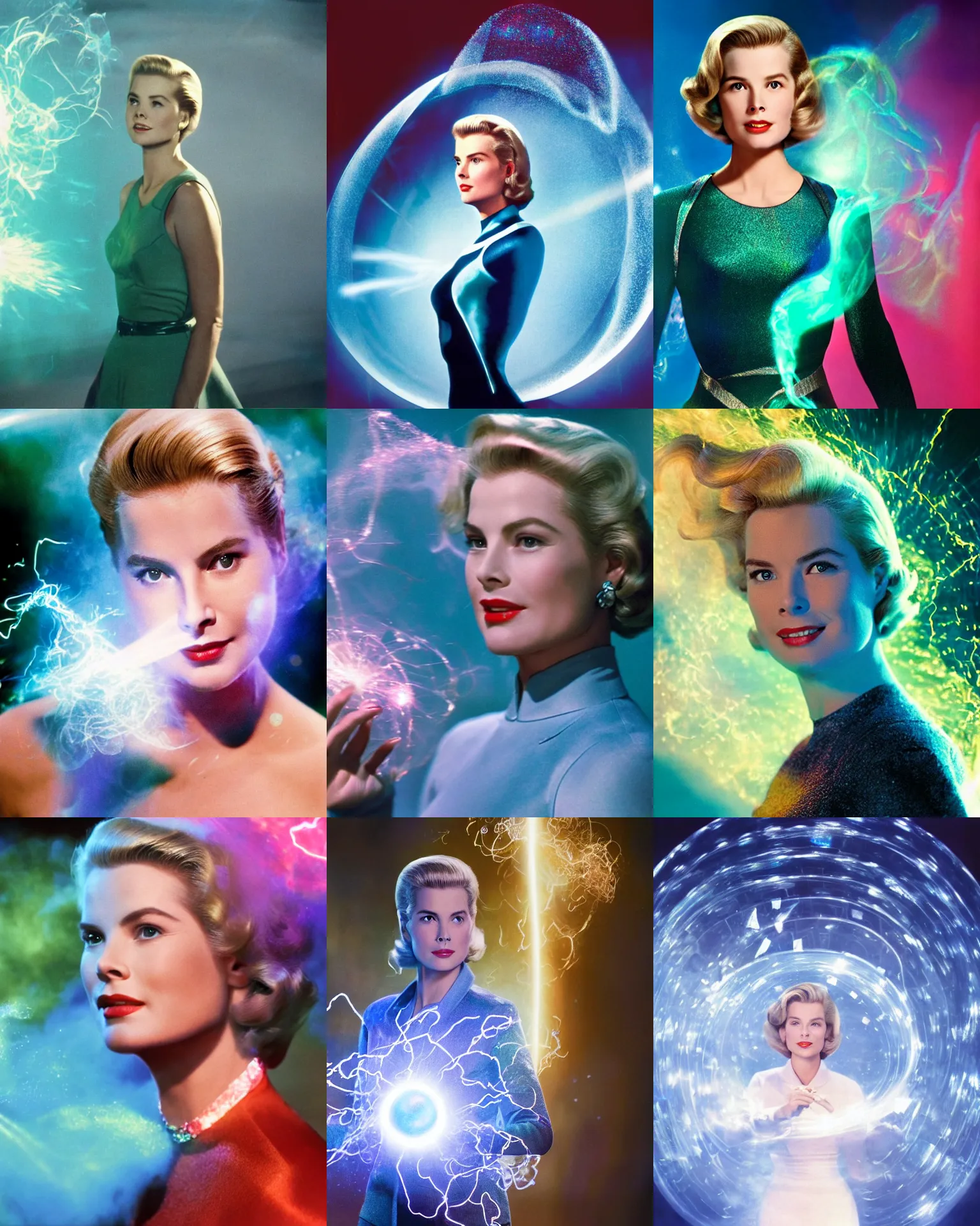 Prompt: Grace Kelly, Starring as Sue Storm in the new Fantastic Four Movie, Projects an iridescent giant force field bubble around her body, Color Movie Still Photograph, Hyper Real, Volumetric Smoke, Sparks, Atmospheric