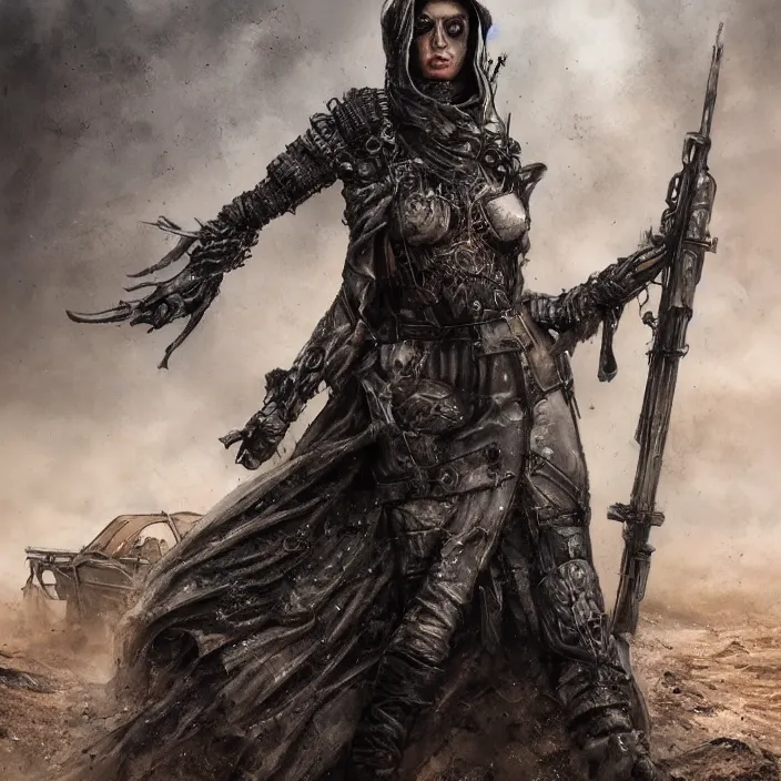 Image similar to beautiful apocalyptic woman in hooded cloak, standing on mad max panzer tank, hyper-detailed, smooth, sharp focus, 4k ultra hd, fantasy dark art, tank girl, artgerm, artstation, octane render, elegant, detailed digital painting, apocalyptic art, Francis bacon