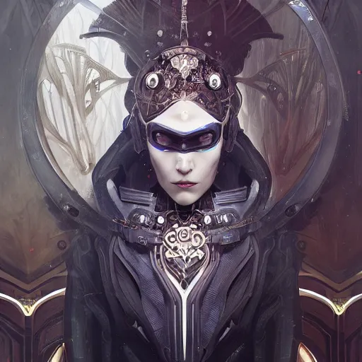 Image similar to a cyborg empress with mask, art nouveau ivory accessories, cyberpunk, darksynth, luxury, concept art by jama jurabaev, extremely detailed, ominous, ethereal, artstation, andree wallin, edvige faini, balaskas, alphonse mucha, symmetry