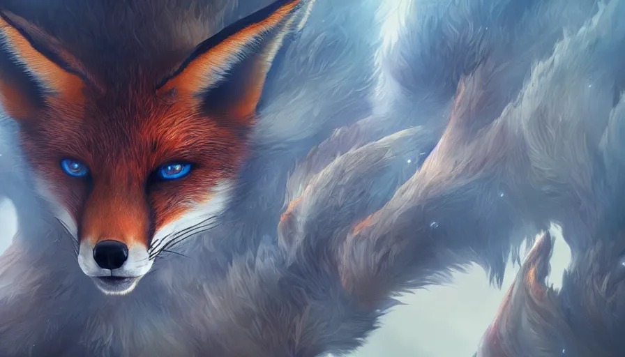 Image similar to fox on fire with wings and blue eyes, hyperdetailed, artstation, cgsociety, 8 k