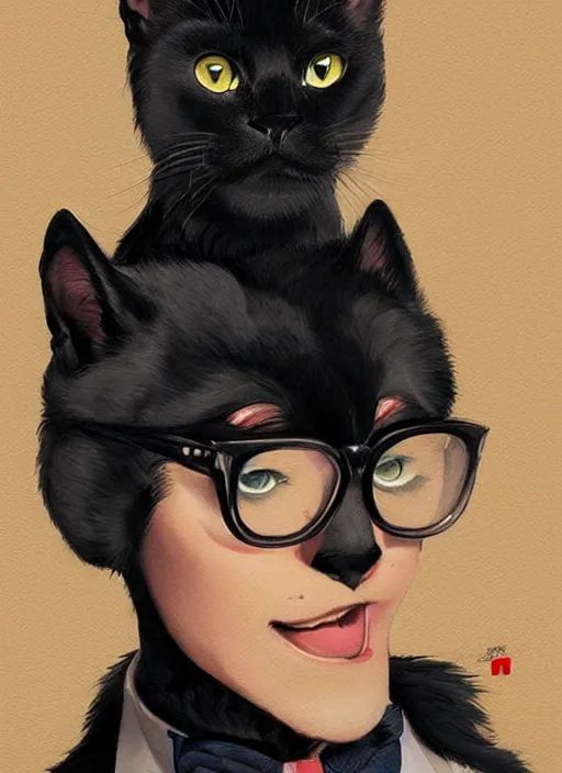 Image similar to portrait of a serious and intelligent black cat scholar in a retro suit, digital art by artgerm and greg rutkowski