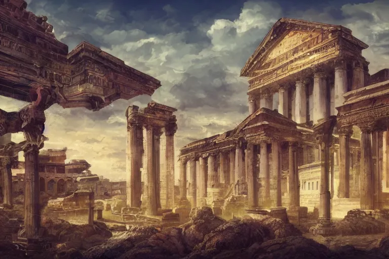 Image similar to ancient roman structures, retrowave epic art, trending on art station