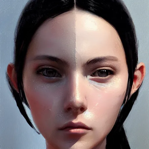 Image similar to portrait of a girl by greg rutkowski, she is about 2 0 years old, mixture between russian and japanese, prettt, black bob hair with two strands around her face, wearing a tank top, highly detailed portrait, digital painting, artstation, concept art, smooth, sharp foccus ilustration, artstation hq