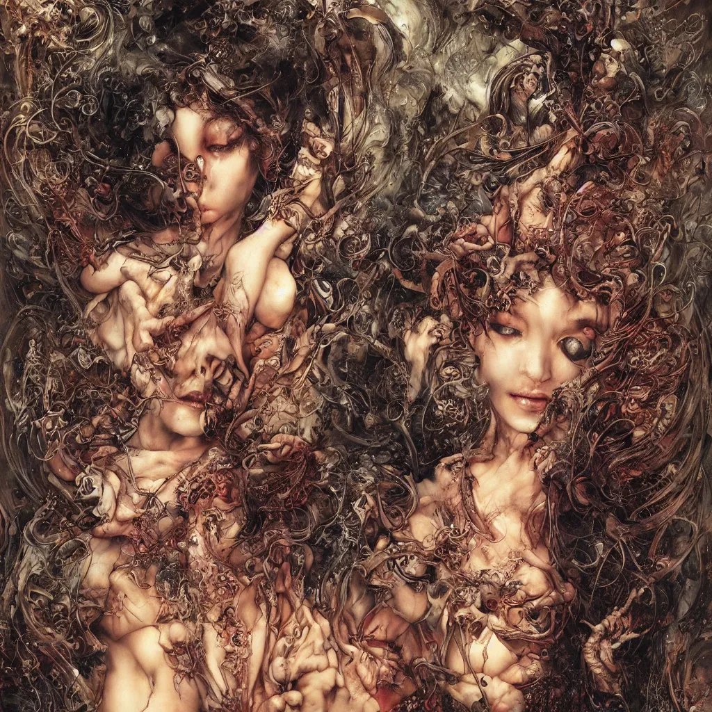 Prompt: realistic rich detailed image of an ancient pagan goddess by Ayami Kojima, Amano, Karol Bak, Greg Hildebrandt, and Roberto Ferri, Neo-Gothic, gothic, rich deep colors. Beksinski painting, part by Adrian Ghenie and Gerhard Richter. art by Takato Yamamoto. masterpiece