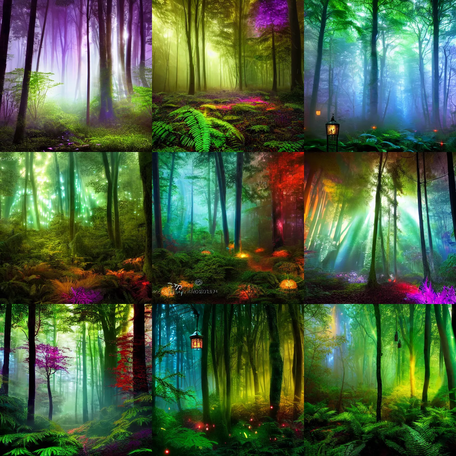 Prompt: photograph of a dense mystic forest, mystic hues, breathtaking lights shining, psychedelic fern, tyndall effect, lantern flies, foggy, 4k, Acid Pixie, by thomas kinkade