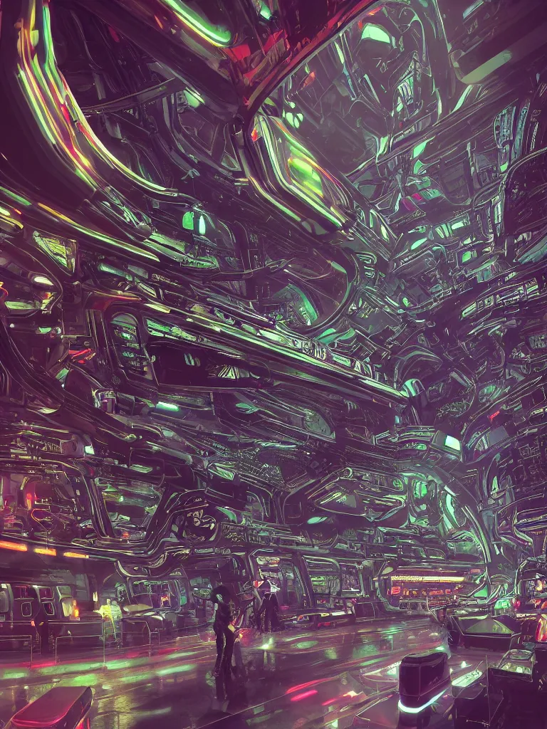 Image similar to futuristic gothic interior of a busy spaceport on an alien world, neon lighting and spotlights, intricate artwork by moebius. trending on artstation, very coherent symmetrical artwork. cinematic, hyper realism, high detail, octanerender