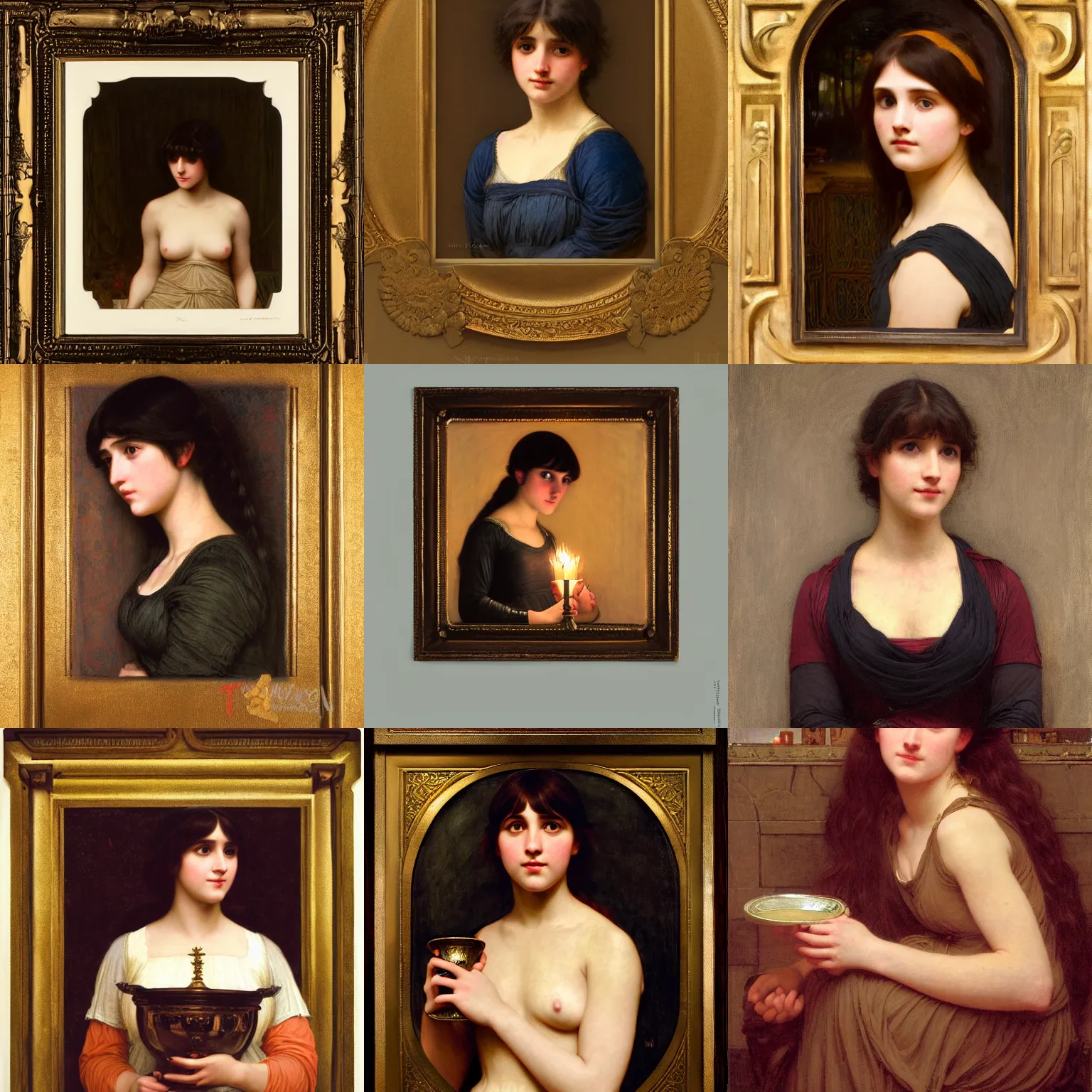 Prompt: Young woman with thick bangs wearing a dress with bronze plates lit by firelight intricate portrait by john william waterhouse and Edwin Longsden Long and Theodore Ralli and William-Adolphe Bouguereau, symmetrical artwork. Cinematic, oil on canvas, lighting study, concept art, high detail 8k