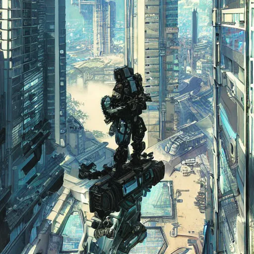 Prompt: siconofini massive cityscape dystopian futurism, huge titanfall style combat sniper mech high in the skyscrapers providing overwatch, hyperrealism by victo ngai alphonse mucha yoji shinkawa