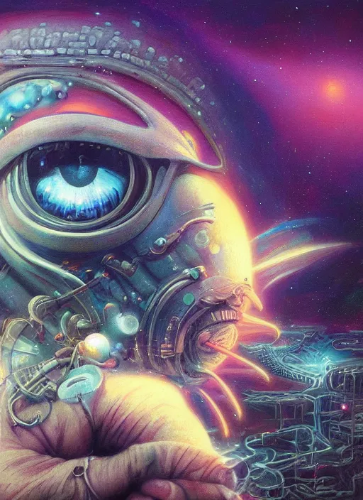 Prompt: close up sci - fi hippie poster art simon stalenhag cosmic eyes, cosmic universe skin, elegant, highly detailed, centered, digital painting, concept art, smooth, sharp focus, illustration, artgerm, tomasz alen kopera, peter mohrbacher, donato giancola, joseph christian leyendecker, wlop, frank frazetta