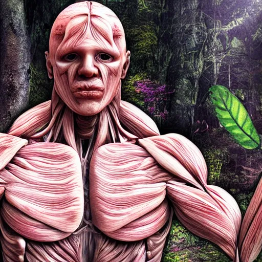 Prompt: realistic human made of muscles, flesh, plants and mushrooms, in the middle of a mysterious forest, god rays