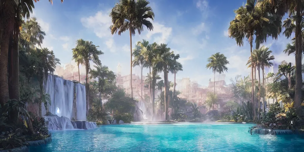 Image similar to beautiful pool waterfalls surrounded by palm trees, moroccan tile archways, industrial buildings, ivory towers, sun setting, ross tran, fantasy, james jean, peter morbacher, angelarium, alchemy, luxury, heavenly light, soft illumination, trending on artstation, cinematic lighting, digital painting, octane render, artgerm