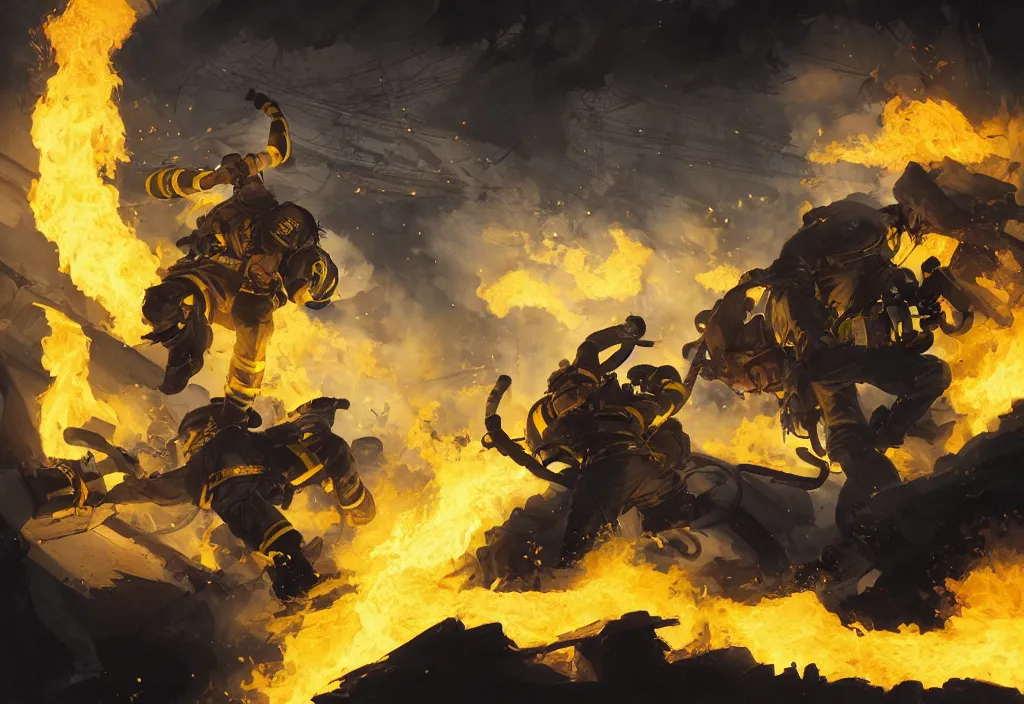 Image similar to heroic firefighter in action in black and yellow uniform, fire flames, sharp details, sharp focus, elegant, highly detailed, illustration, by jordan grimmer and greg rutkowski and pine ( ハイネ ) and 薯 子 imoko and 香 川 悠 作 and wlop and maya takamura, intricate