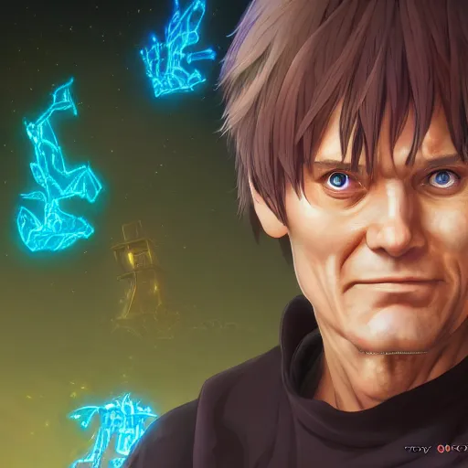 Image similar to portrait of jim carrey the geomancer, anime fantasy illustration by tomoyuki yamasaki, kyoto studio, madhouse, ufotable, square enix, cinematic lighting, trending on artstation