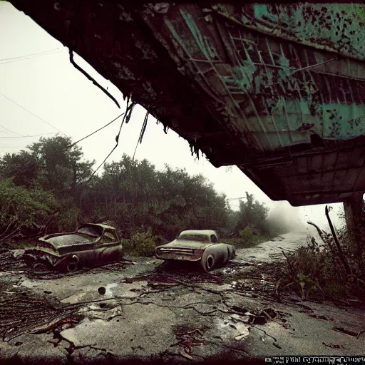 Image similar to apocalyptic, ruined town, abandoned streets, littered, mutated wildlife, decrepit homes and sheds on the side of the road, slowly being reclaimed by nature. rusted vintage cars. fog, dew, rain, volumetric lighting, beautiful, summer morning dew, sharp focus, ultra detailed, kodachrome, cgsociety - w 1 0 2 4 - n 8 - i