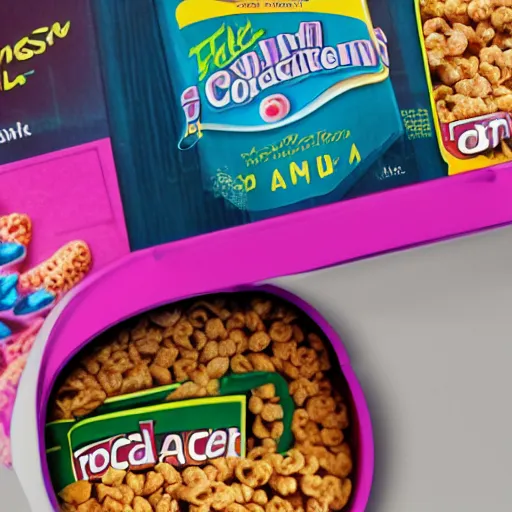 Image similar to A cereal box from a alternate alien dimension, product photo